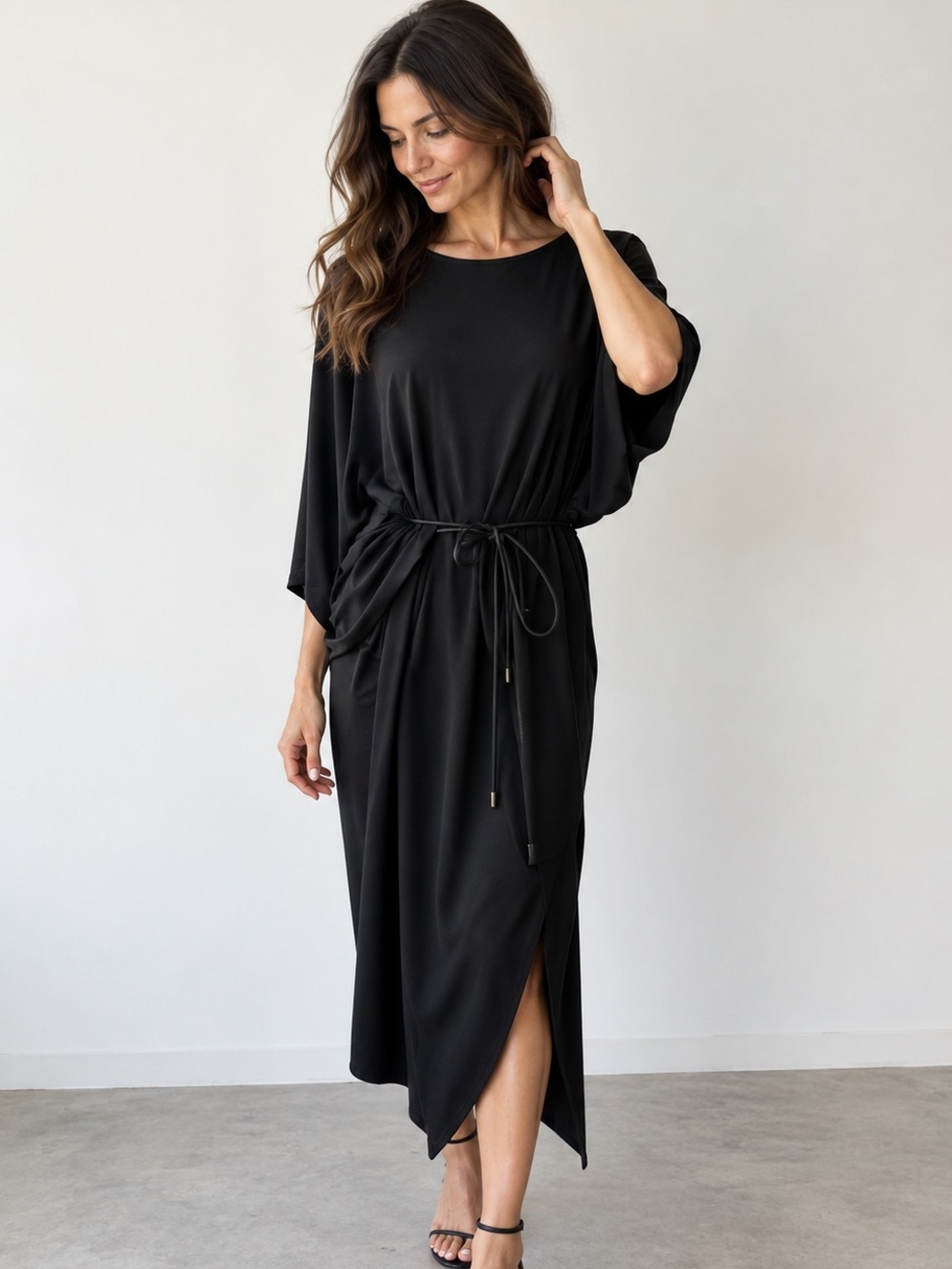 NUBU Lona Black Asymmetrical Draped Midi Dress Size 1 Small